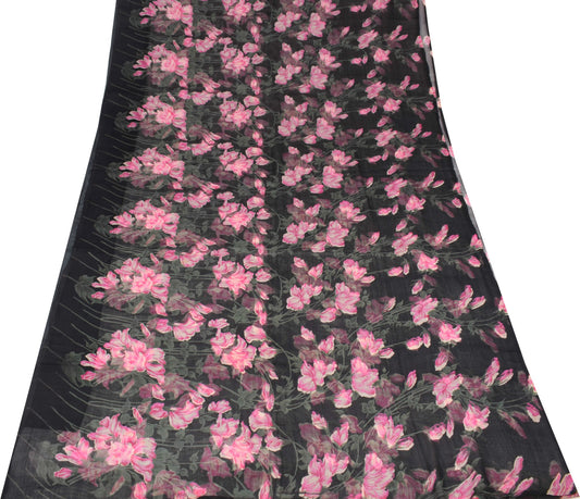 Sushila Vintage Floral Black Saree Pure Chiffon Silk Printed Soft Craft Fabric