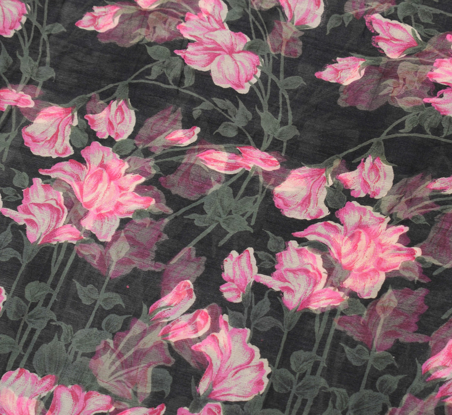 Sushila Vintage Floral Black Saree Pure Chiffon Silk Printed Soft Craft Fabric