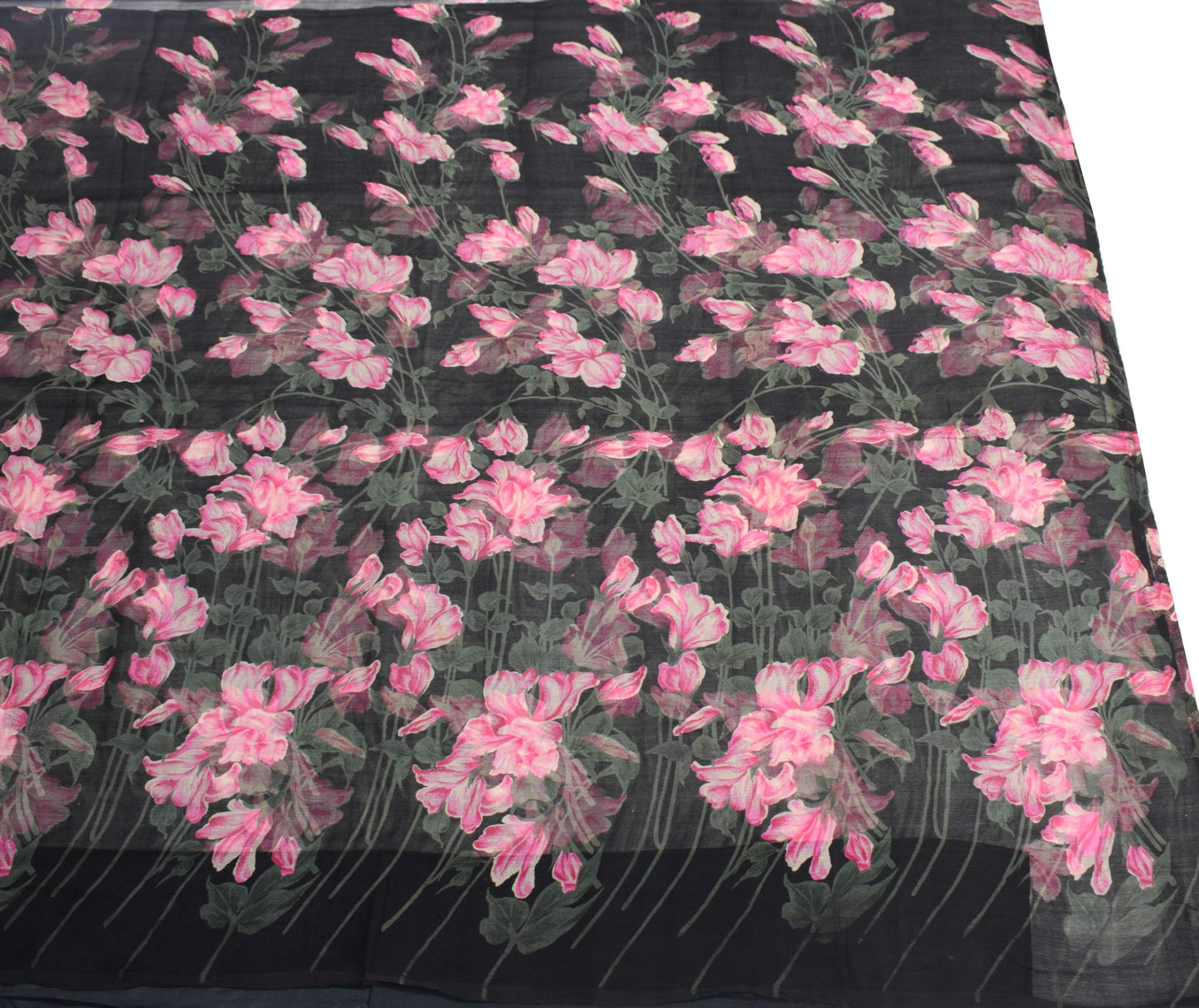 Sushila Vintage Floral Black Saree Pure Chiffon Silk Printed Soft Craft Fabric