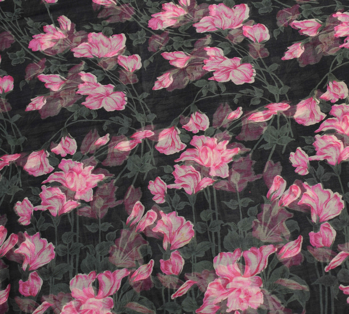 Sushila Vintage Floral Black Saree Pure Chiffon Silk Printed Soft Craft Fabric