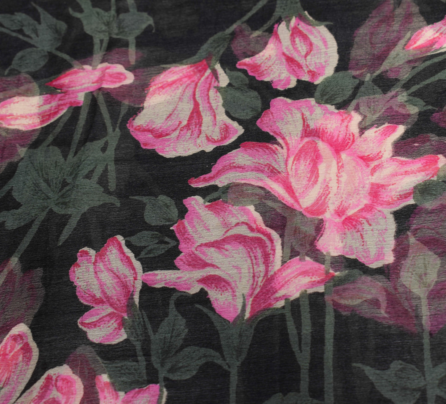 Sushila Vintage Floral Black Saree Pure Chiffon Silk Printed Soft Craft Fabric