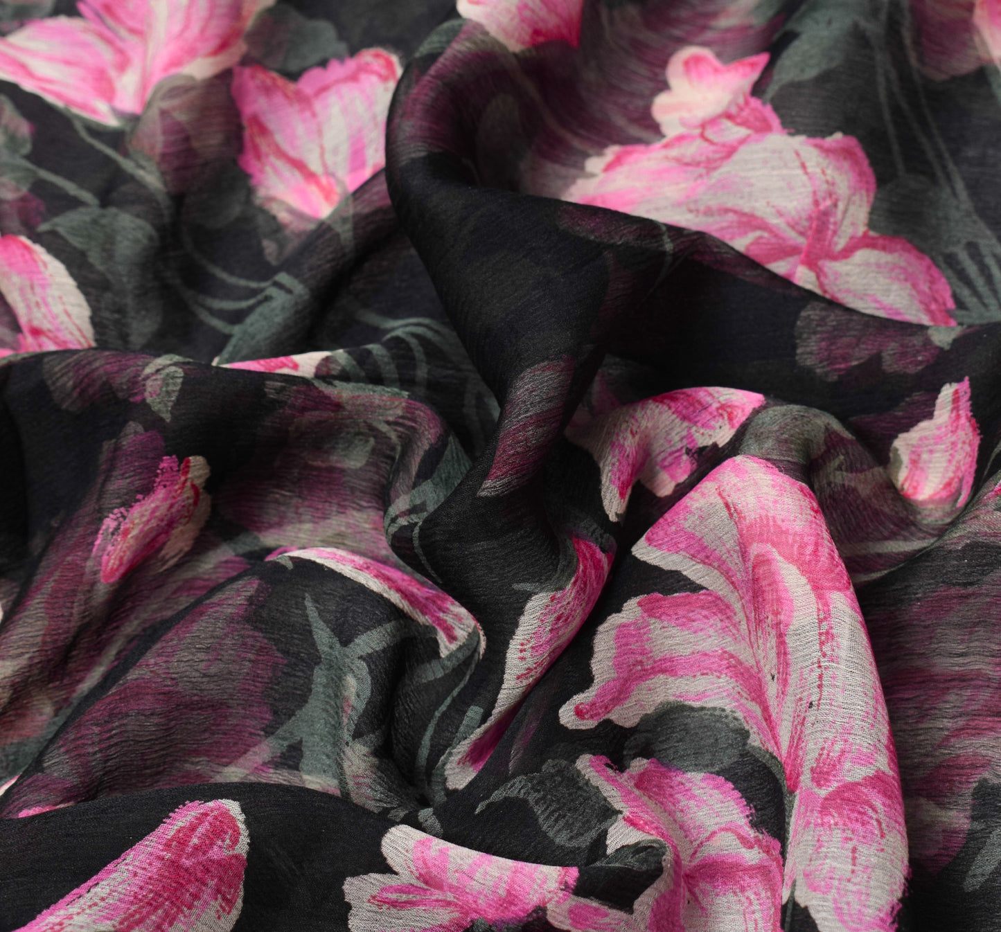 Sushila Vintage Floral Black Saree Pure Chiffon Silk Printed Soft Craft Fabric