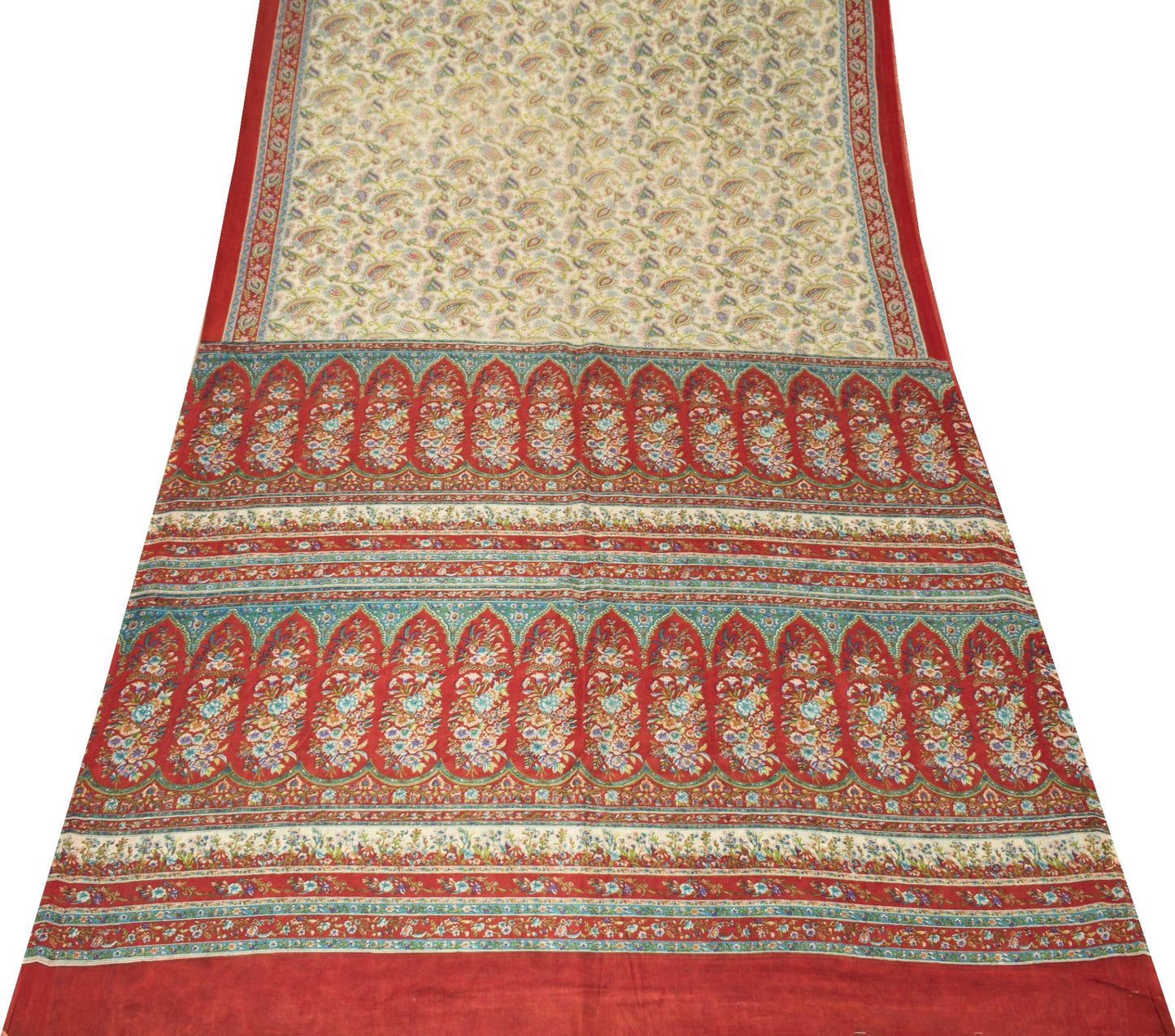 Sushila Vintage Off White Saree Paisley Pure Silk Hand Printed Soft Craft Fabric