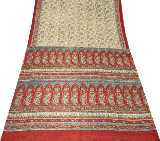 Sushila Vintage Off White Saree Paisley Pure Silk Hand Printed Soft Craft Fabric