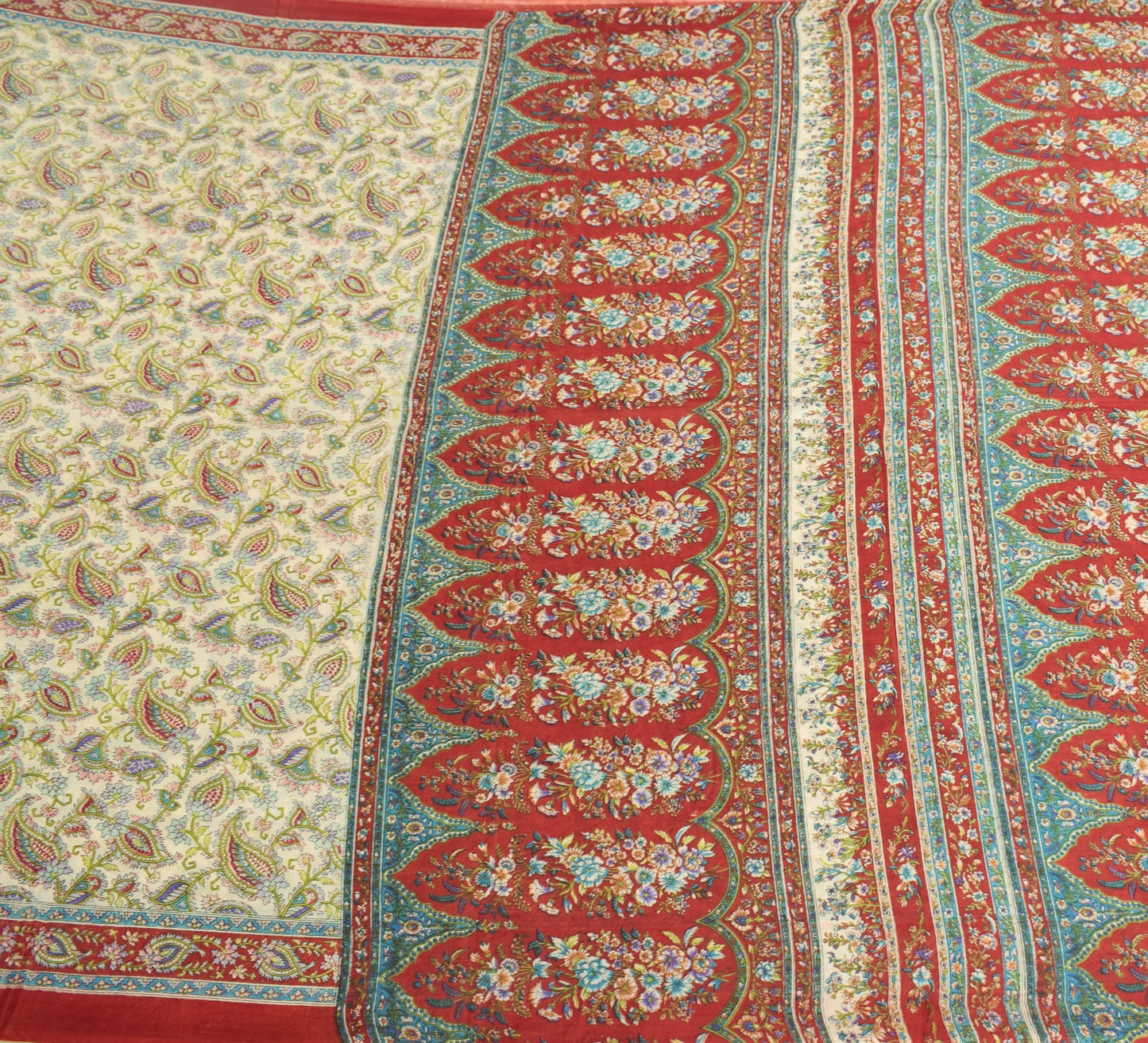 Sushila Vintage Off White Saree Paisley Pure Silk Hand Printed Soft Craft Fabric