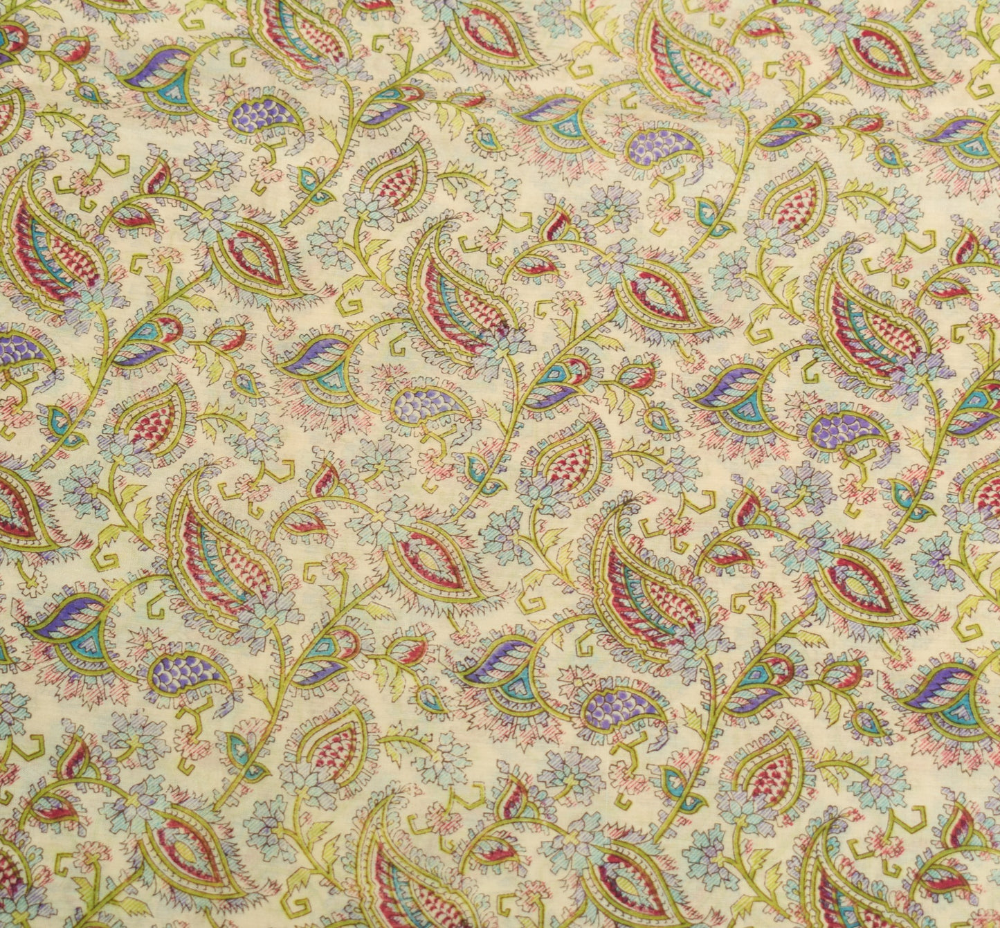 Sushila Vintage Off White Saree Paisley Pure Silk Hand Printed Soft Craft Fabric