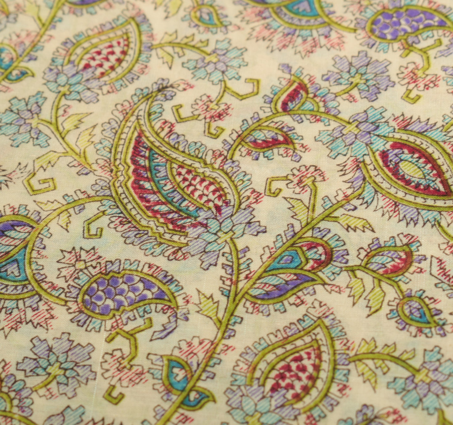 Sushila Vintage Off White Saree Paisley Pure Silk Hand Printed Soft Craft Fabric