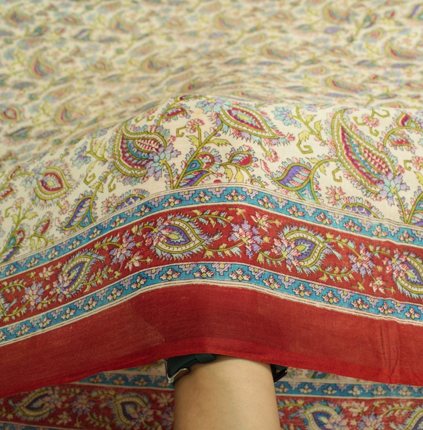 Sushila Vintage Off White Saree Paisley Pure Silk Hand Printed Soft Craft Fabric