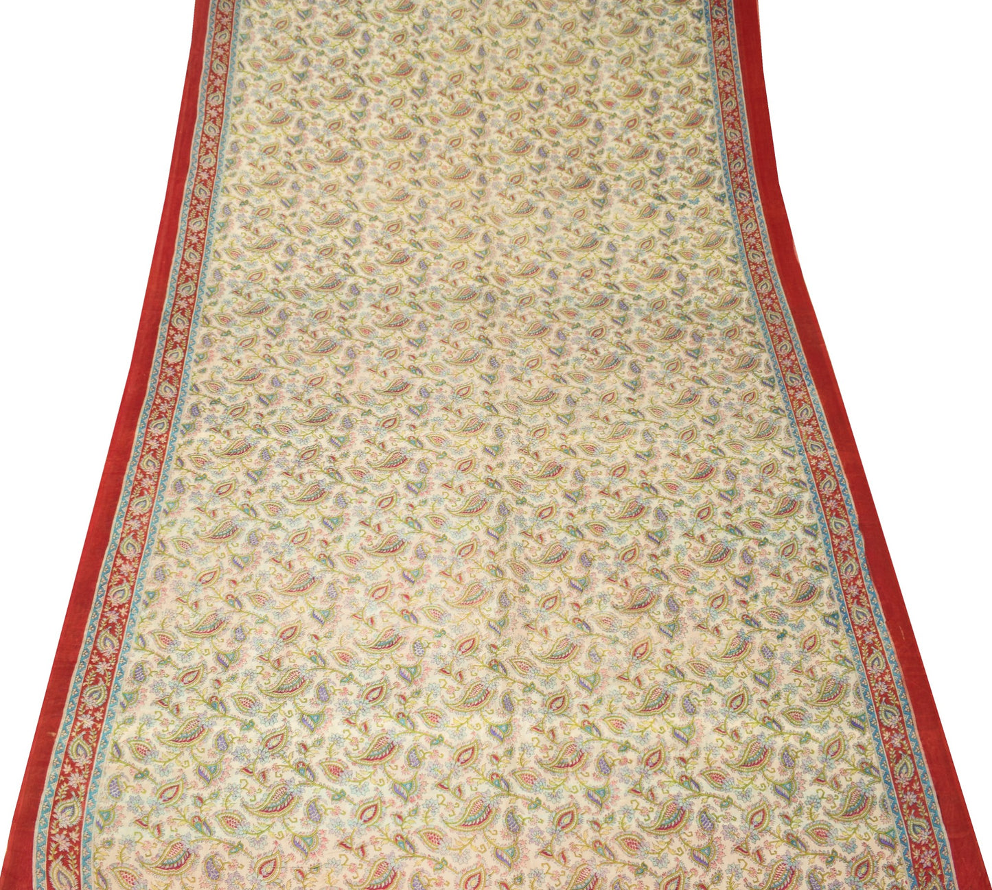 Sushila Vintage Off White Saree Paisley Pure Silk Hand Printed Soft Craft Fabric