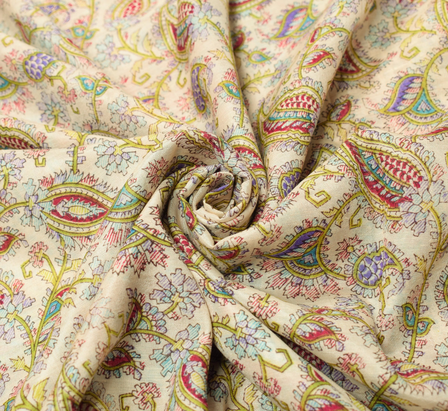 Sushila Vintage Off White Saree Paisley Pure Silk Hand Printed Soft Craft Fabric