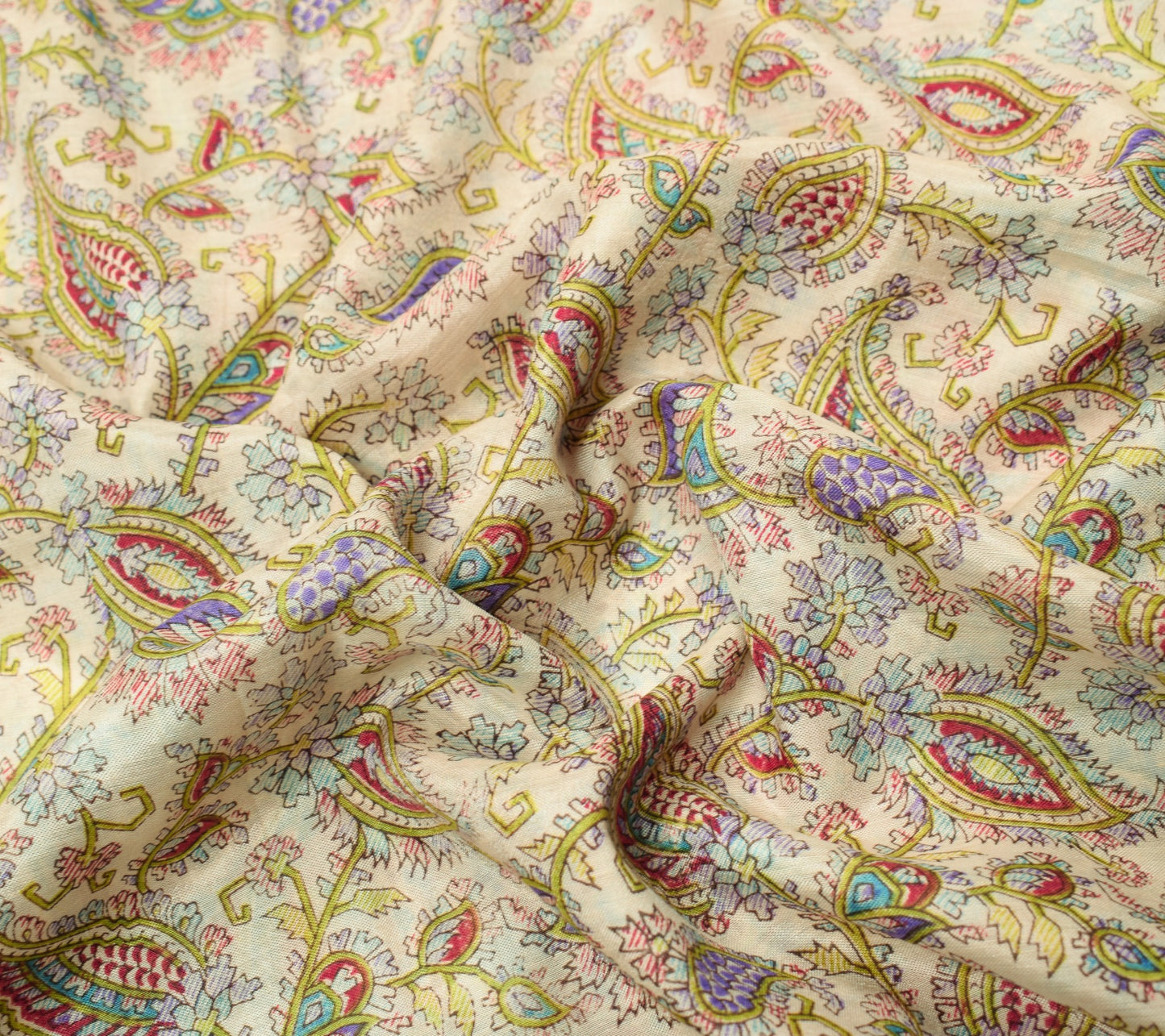 Sushila Vintage Off White Saree Paisley Pure Silk Hand Printed Soft Craft Fabric