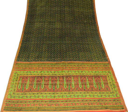 Sushila Vintage Dark Green Saree 100%Pure Silk Printed Paisley Soft Craft Fabric