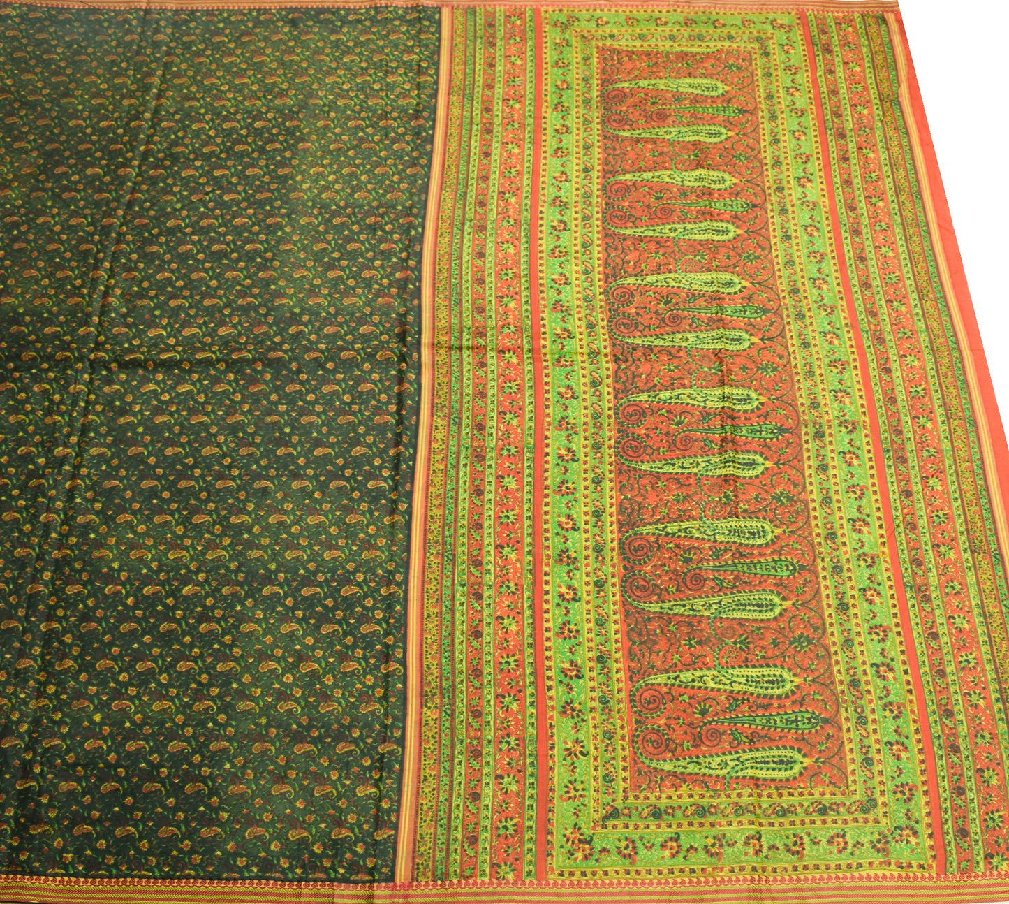 Sushila Vintage Dark Green Saree 100%Pure Silk Printed Paisley Soft Craft Fabric