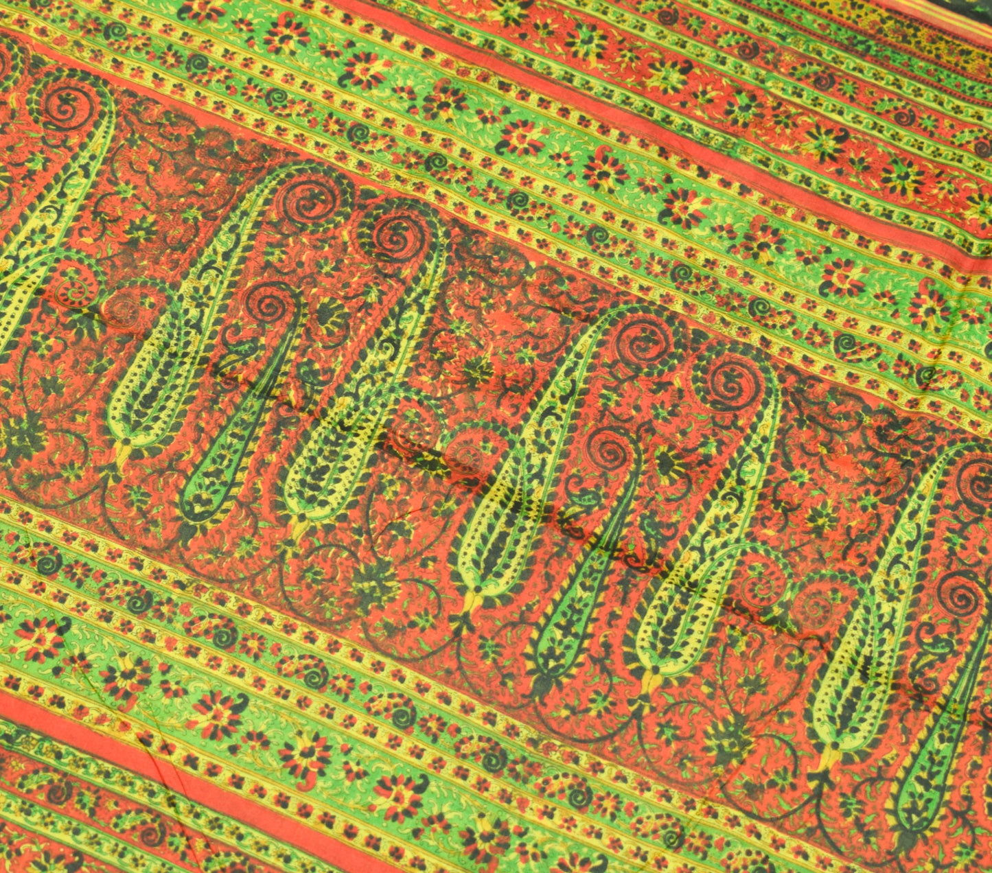 Sushila Vintage Dark Green Saree 100%Pure Silk Printed Paisley Soft Craft Fabric