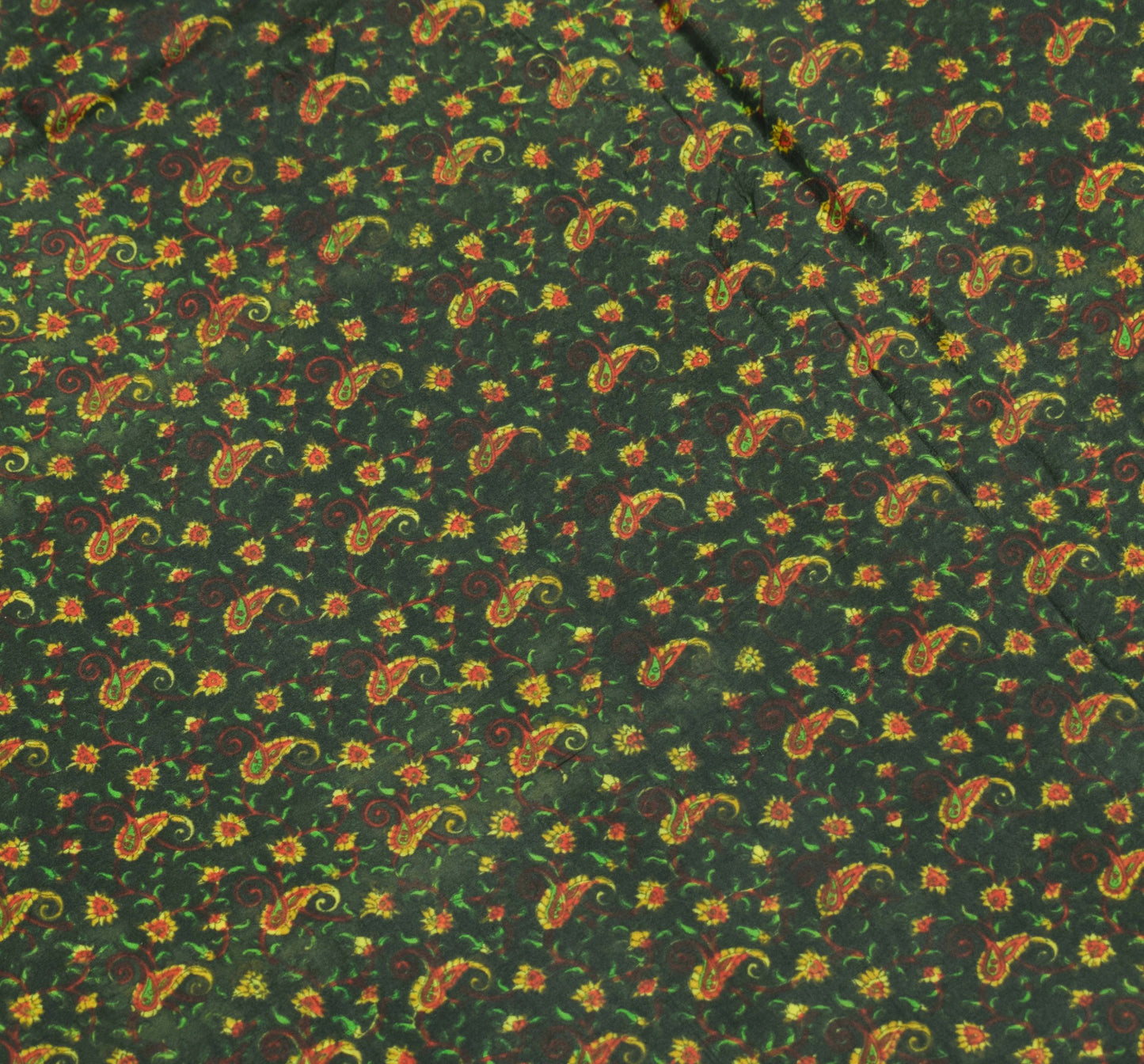 Sushila Vintage Dark Green Saree 100%Pure Silk Printed Paisley Soft Craft Fabric