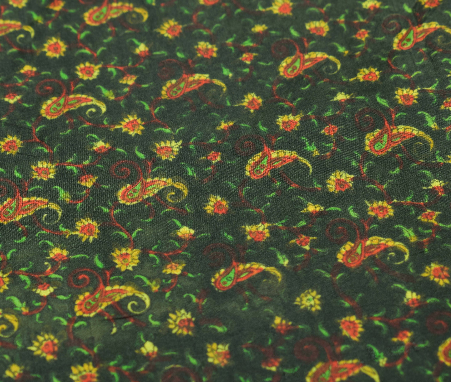 Sushila Vintage Dark Green Saree 100%Pure Silk Printed Paisley Soft Craft Fabric