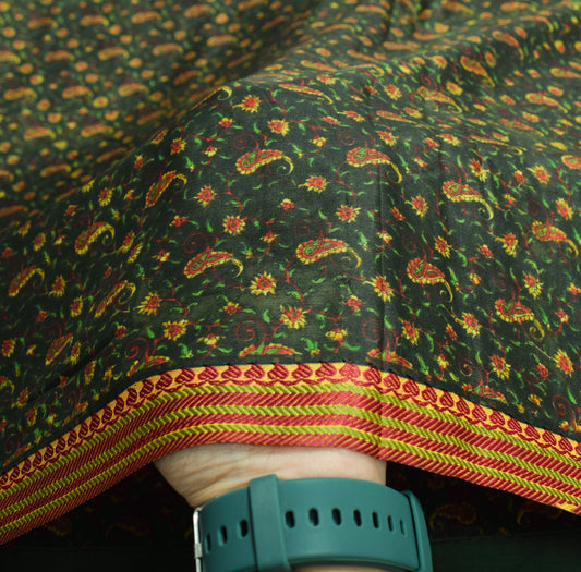 Sushila Vintage Dark Green Saree 100%Pure Silk Printed Paisley Soft Craft Fabric