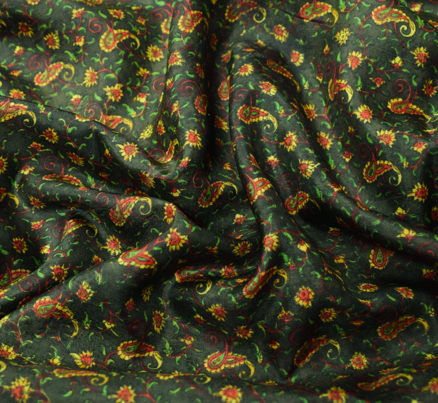 Sushila Vintage Dark Green Saree 100%Pure Silk Printed Paisley Soft Craft Fabric