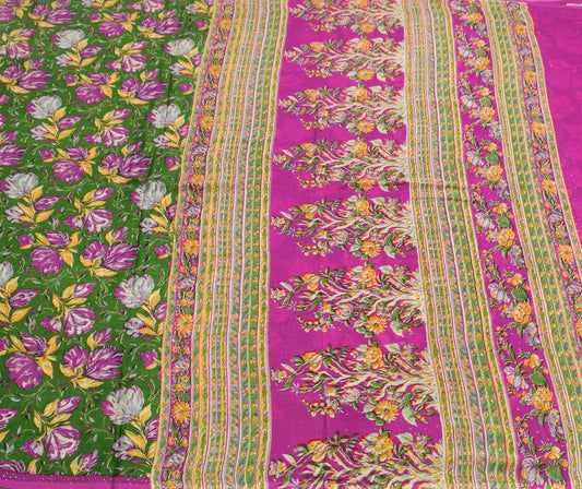 Sushila Vintage Green Magenta Saree Floral Pure Silk Printed Soft Craft Fabric
