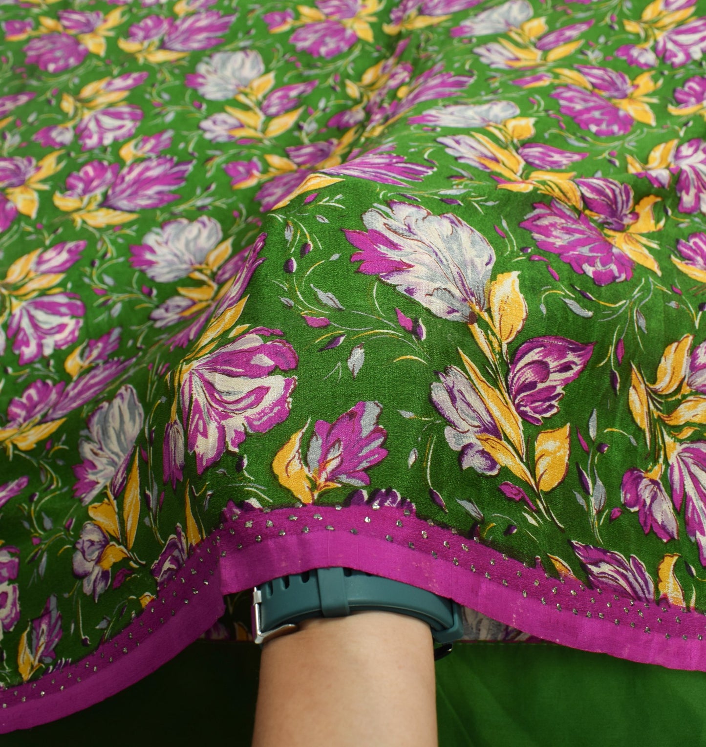 Sushila Vintage Green Magenta Saree Floral Pure Silk Printed Soft Craft Fabric