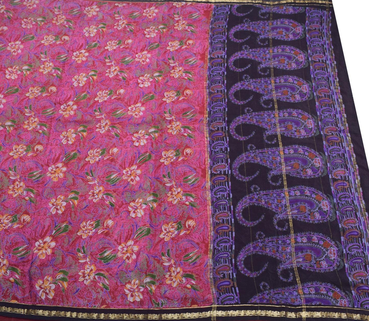 Sushila Vintage Maroon Saree 100%Pure Silk Printed Floral Soft Sari Craft Fabric