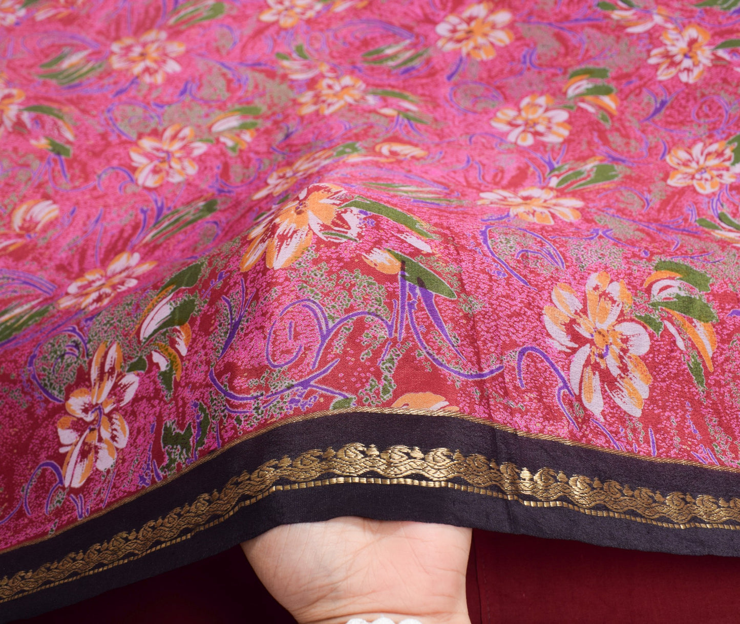 Sushila Vintage Maroon Saree 100%Pure Silk Printed Floral Soft Sari Craft Fabric