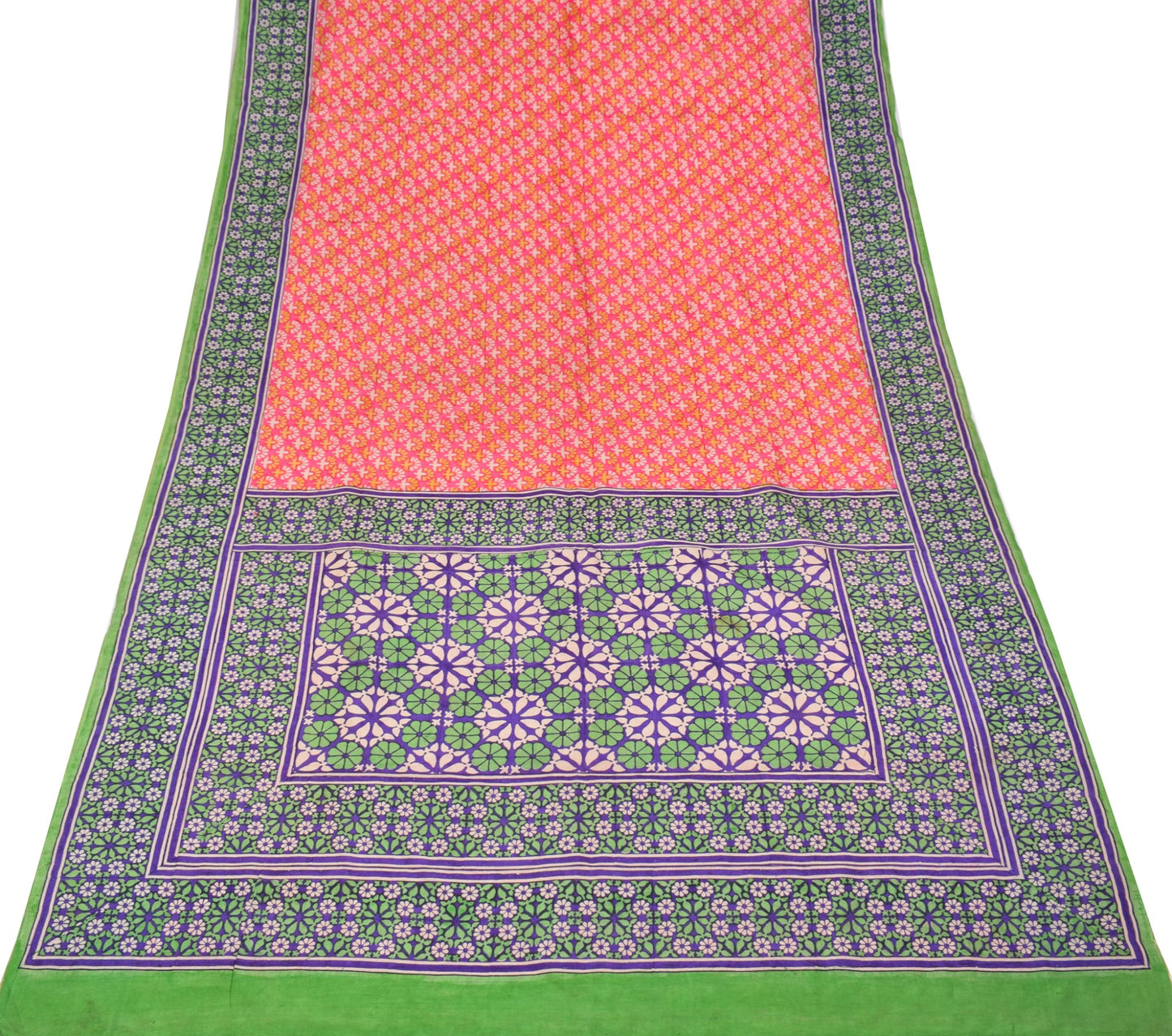 Sushila Vintage Floral Pink Saree Pure Silk Hand Block Printed Soft Craft Fabric