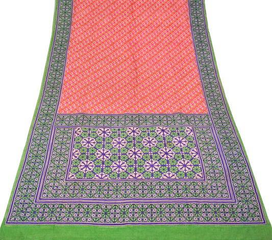 Sushila Vintage Floral Pink Saree Pure Silk Hand Block Printed Soft Craft Fabric