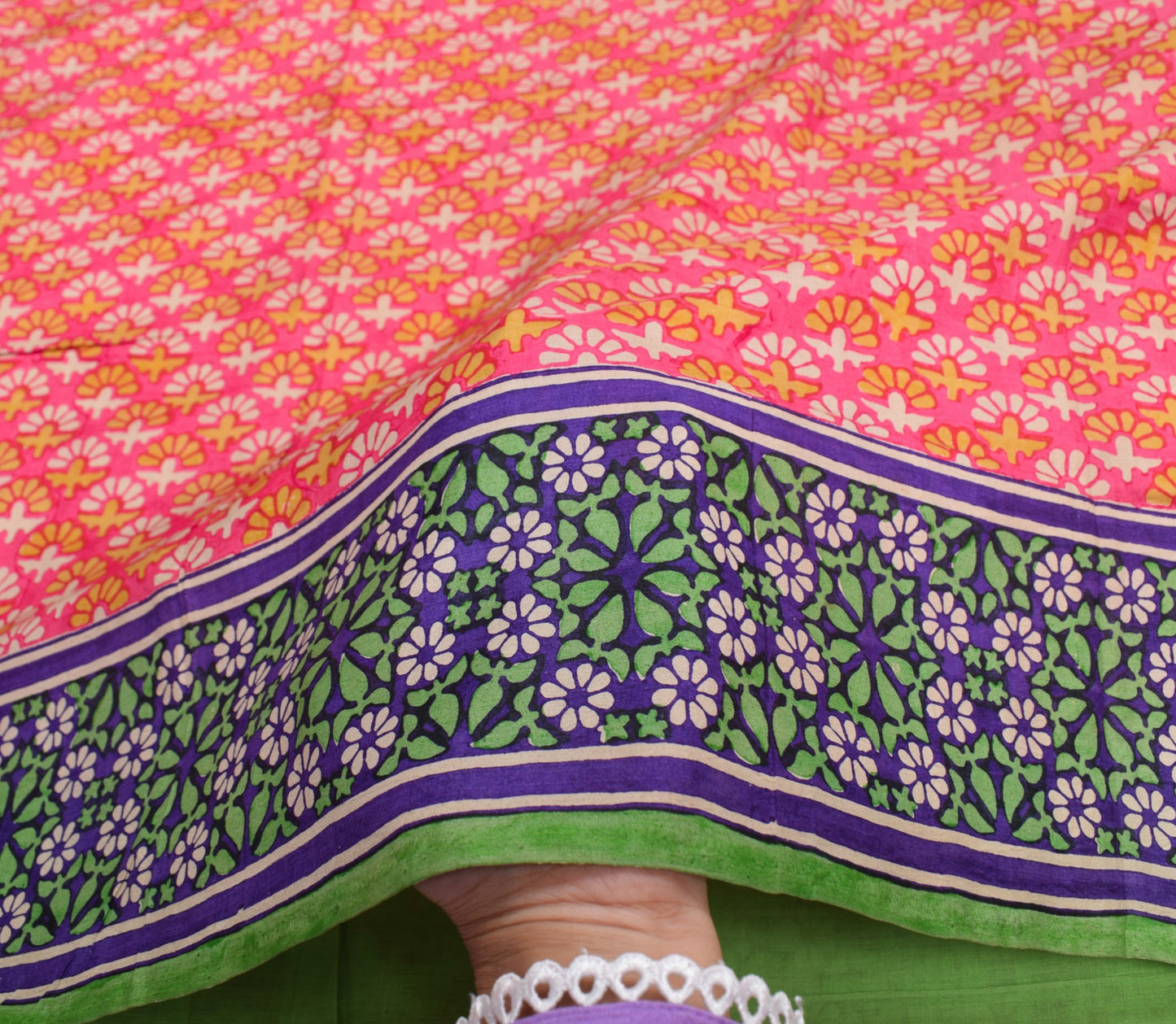 Sushila Vintage Floral Pink Saree Pure Silk Hand Block Printed Soft Craft Fabric