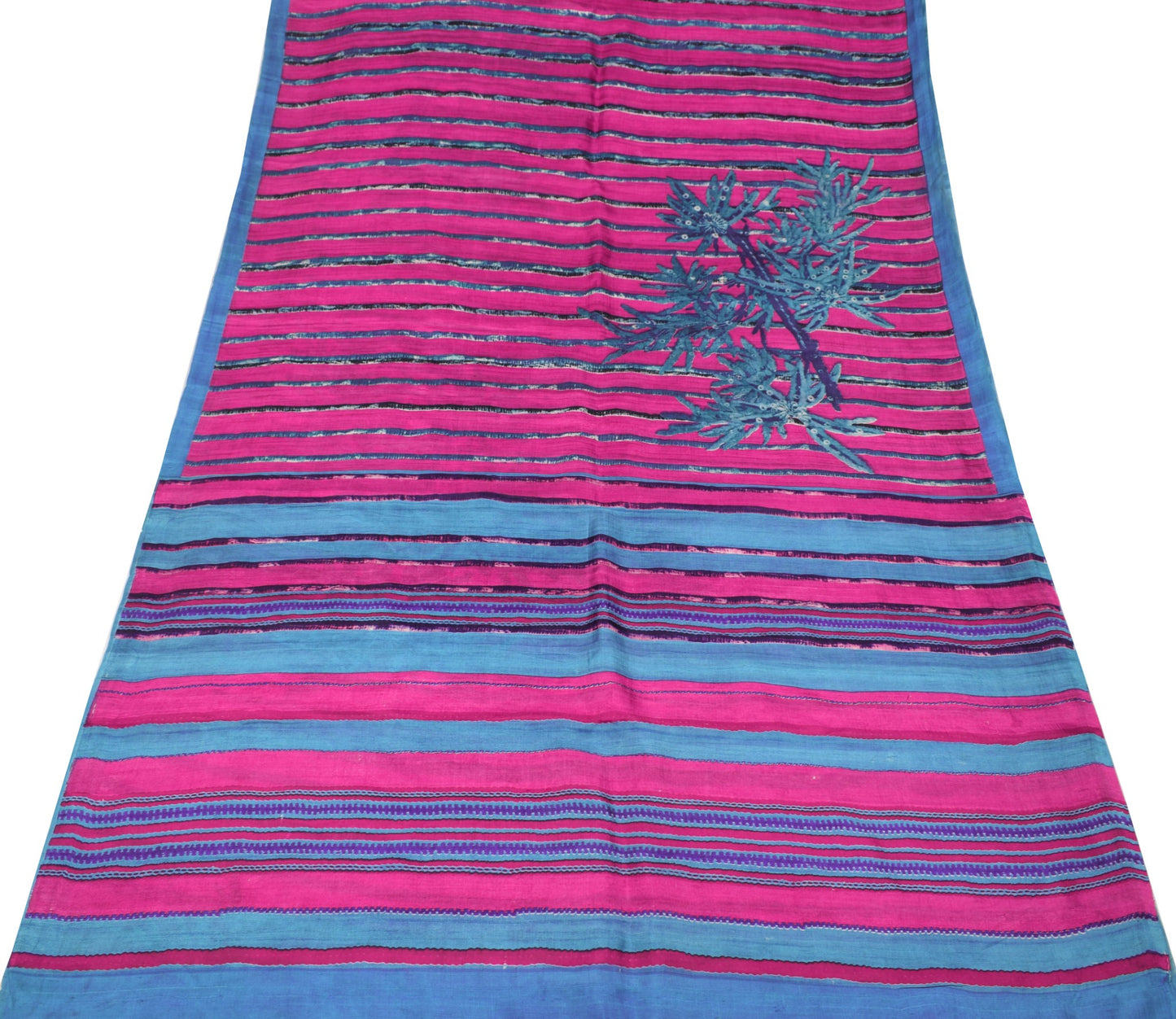 Sushila Vintage Magenta 6 Yard Saree Pure Silk Stripes Printed Soft Craft Fabric