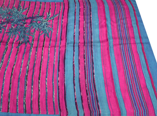 Sushila Vintage Magenta 6 Yard Saree Pure Silk Stripes Printed Soft Craft Fabric