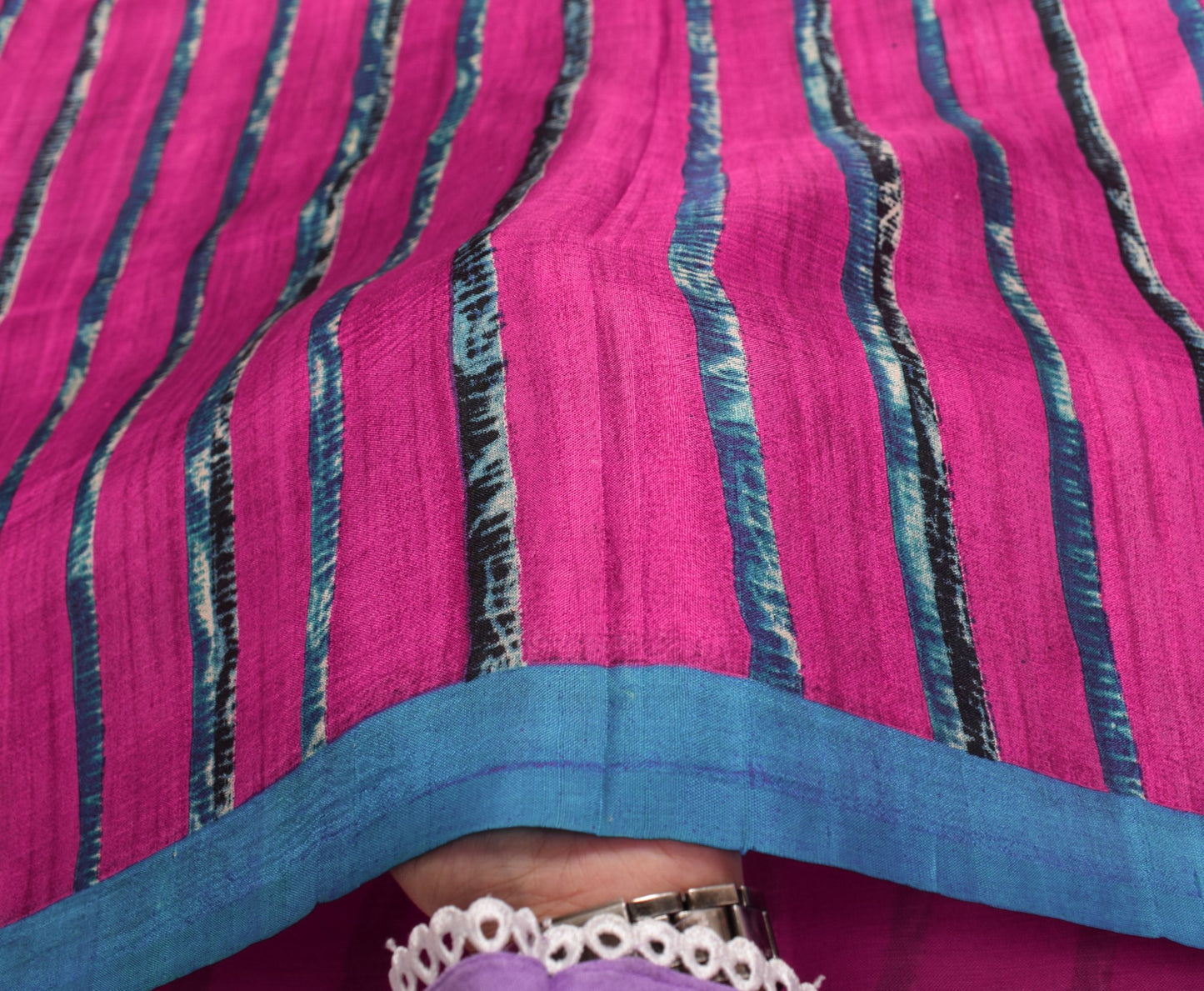 Sushila Vintage Magenta 6 Yard Saree Pure Silk Stripes Printed Soft Craft Fabric