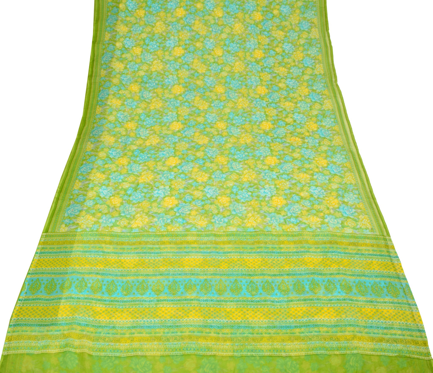 Sushila Vintage Green Floral Saree Pure Chiffon Silk Printed Soft Craft Fabric