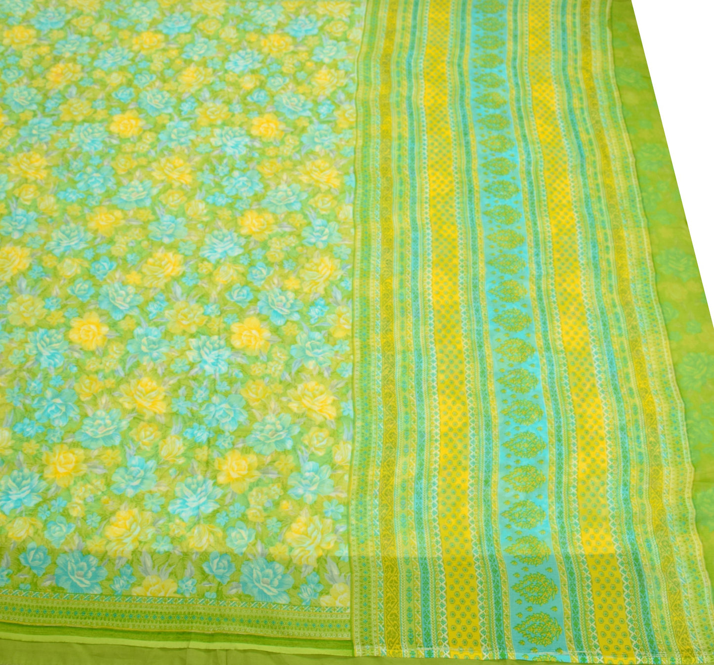 Sushila Vintage Green Floral Saree Pure Chiffon Silk Printed Soft Craft Fabric