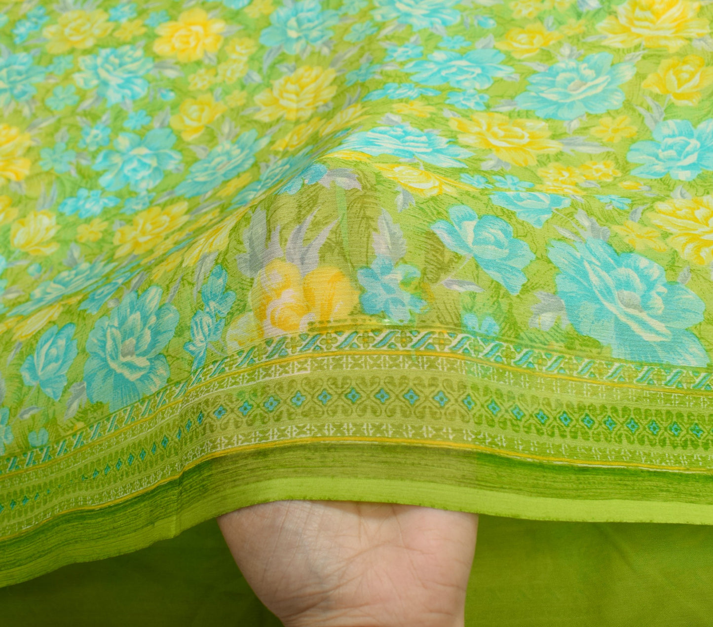 Sushila Vintage Green Floral Saree Pure Chiffon Silk Printed Soft Craft Fabric