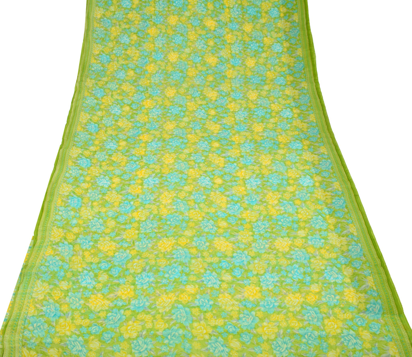 Sushila Vintage Green Floral Saree Pure Chiffon Silk Printed Soft Craft Fabric