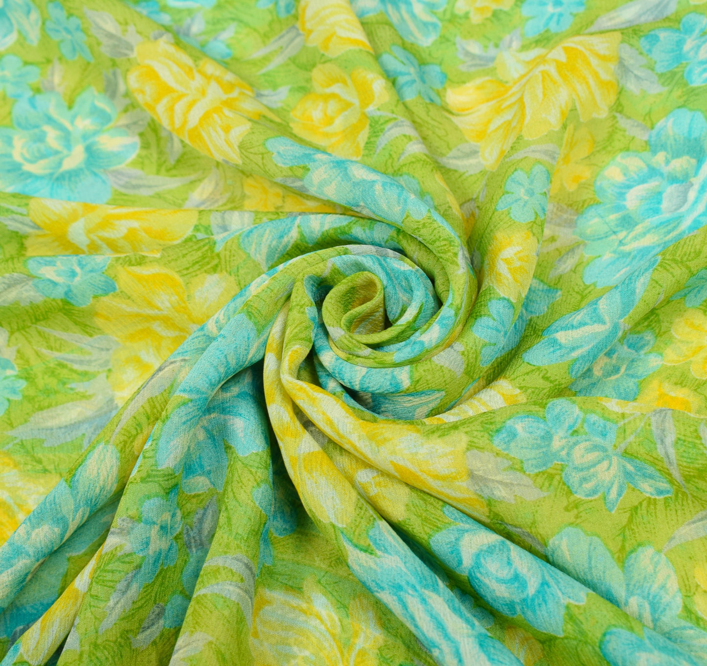 Sushila Vintage Green Floral Saree Pure Chiffon Silk Printed Soft Craft Fabric