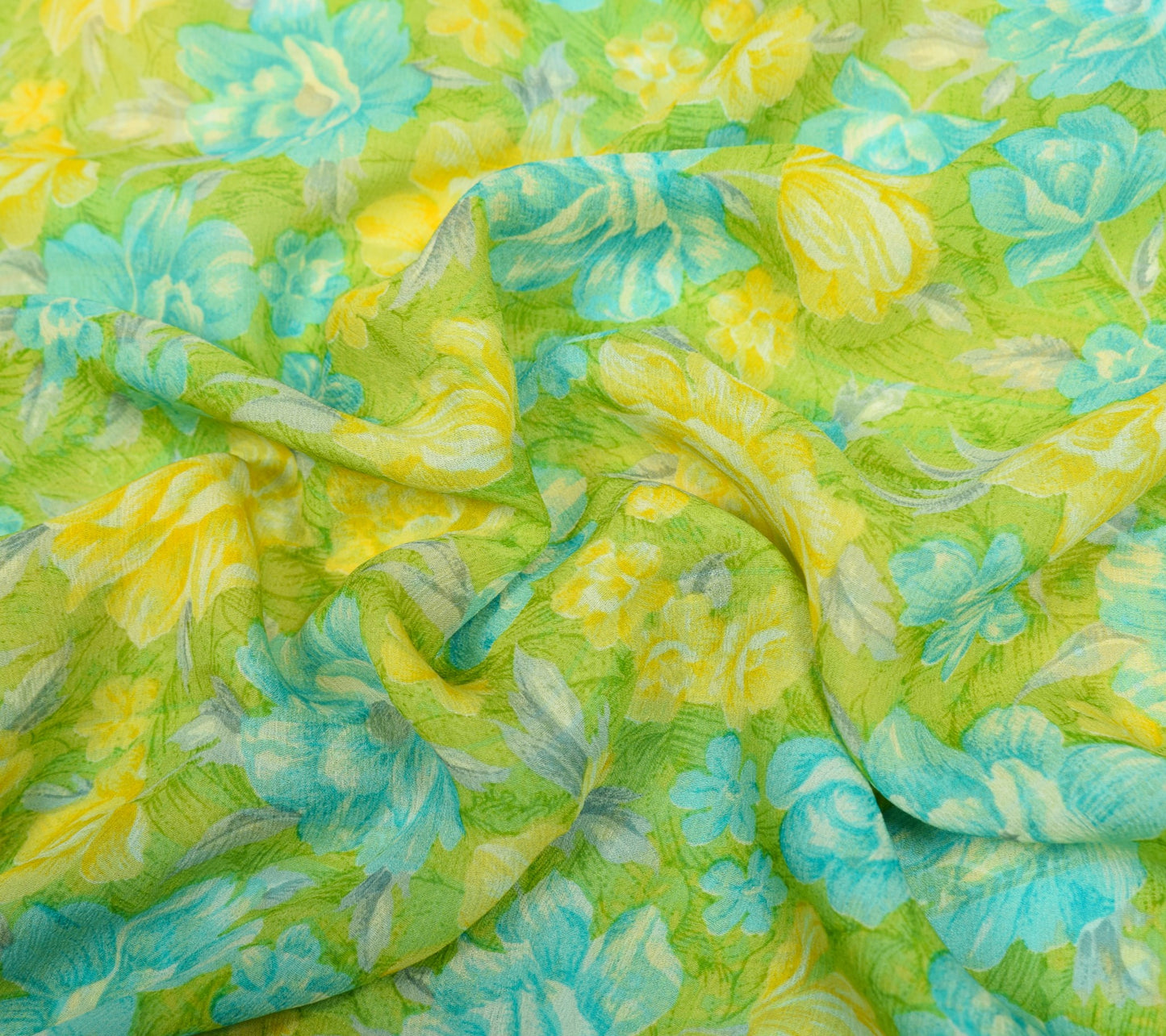 Sushila Vintage Green Floral Saree Pure Chiffon Silk Printed Soft Craft Fabric