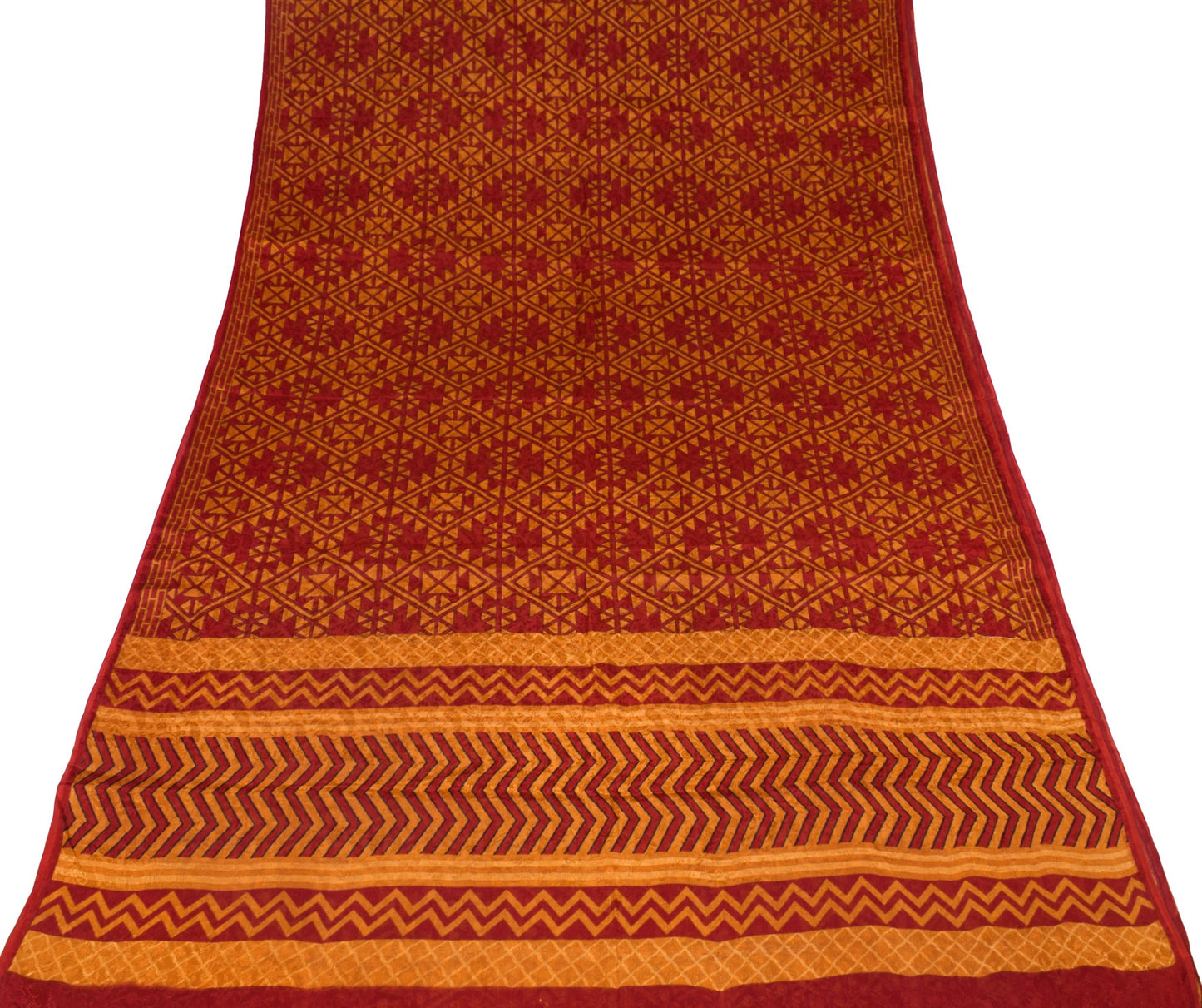 Sushila Vintage Maroon Mustard Saree Pure Silk Printed Geomatical Craft Fabric