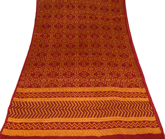 Sushila Vintage Maroon Mustard Saree Pure Silk Printed Geomatical Craft Fabric