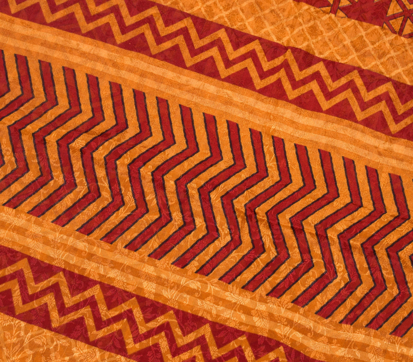 Sushila Vintage Maroon Mustard Saree Pure Silk Printed Geomatical Craft Fabric