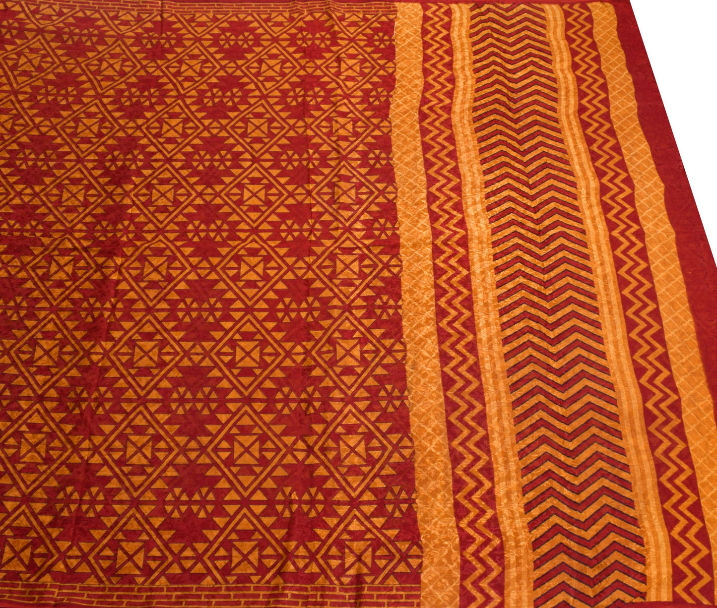 Sushila Vintage Maroon Mustard Saree Pure Silk Printed Geomatical Craft Fabric