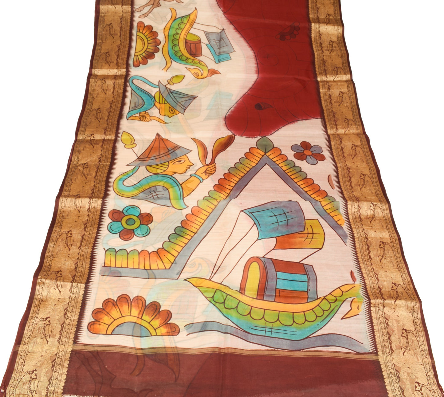 Sushila Vintage Antique Saree Pure Silk Printed with Woven Border Sari Fabric