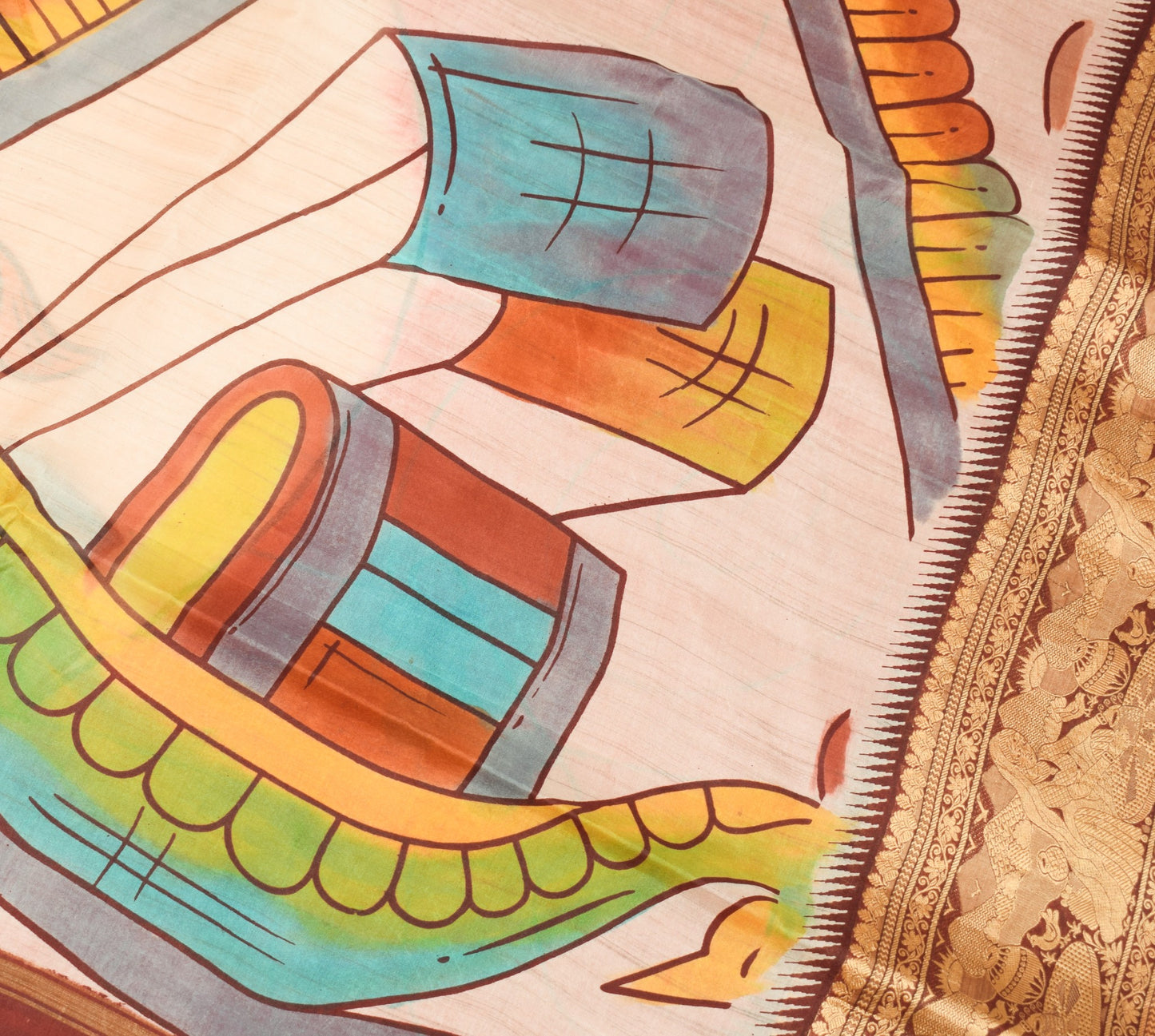 Sushila Vintage Antique Saree Pure Silk Printed with Woven Border Sari Fabric