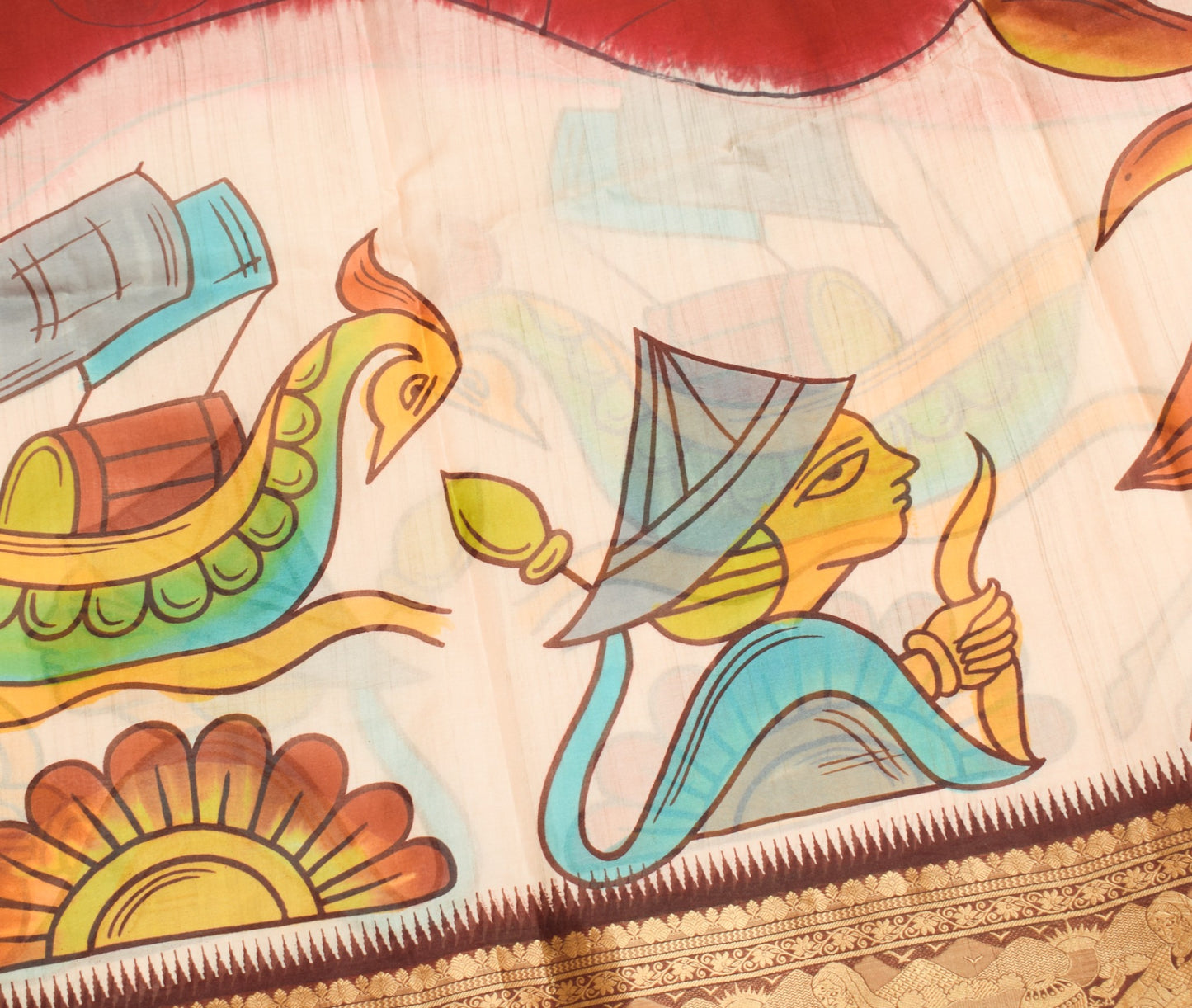 Sushila Vintage Antique Saree Pure Silk Printed with Woven Border Sari Fabric