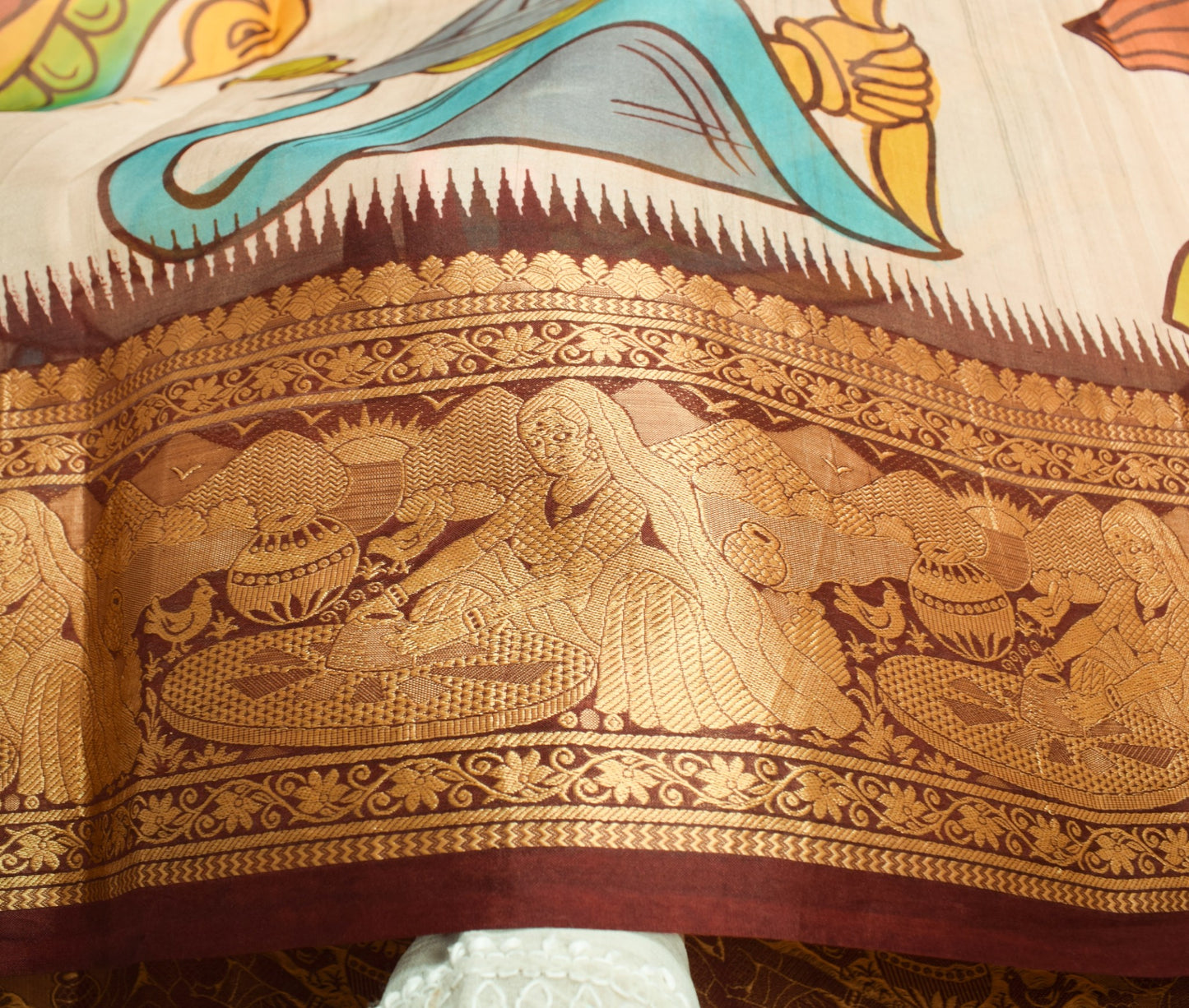 Sushila Vintage Antique Saree Pure Silk Printed with Woven Border Sari Fabric