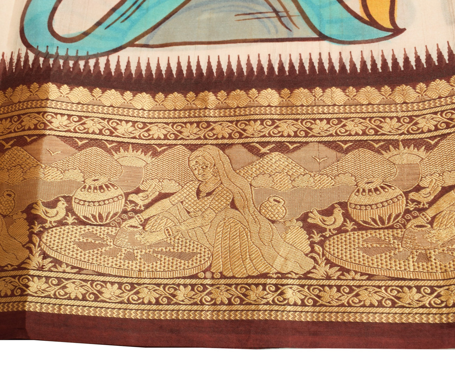 Sushila Vintage Antique Saree Pure Silk Printed with Woven Border Sari Fabric