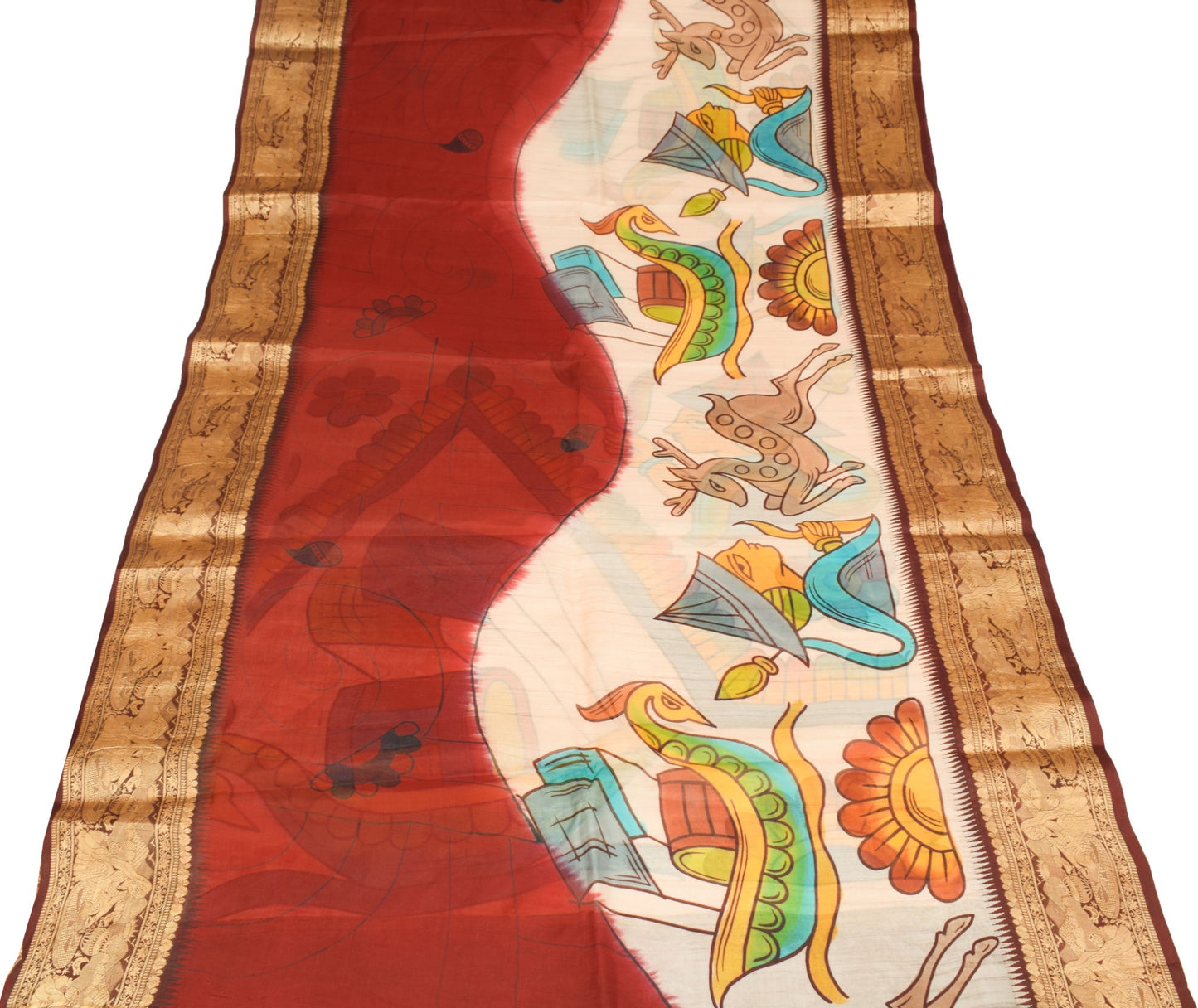 Sushila Vintage Antique Saree Pure Silk Printed with Woven Border Sari Fabric