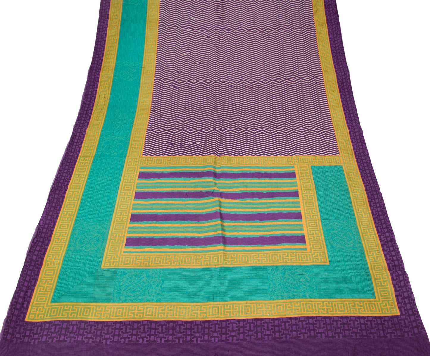 Sushila Vintage Dark Purple Saree Pure Silk Printed Zig-Zag Soft Craft Fabric