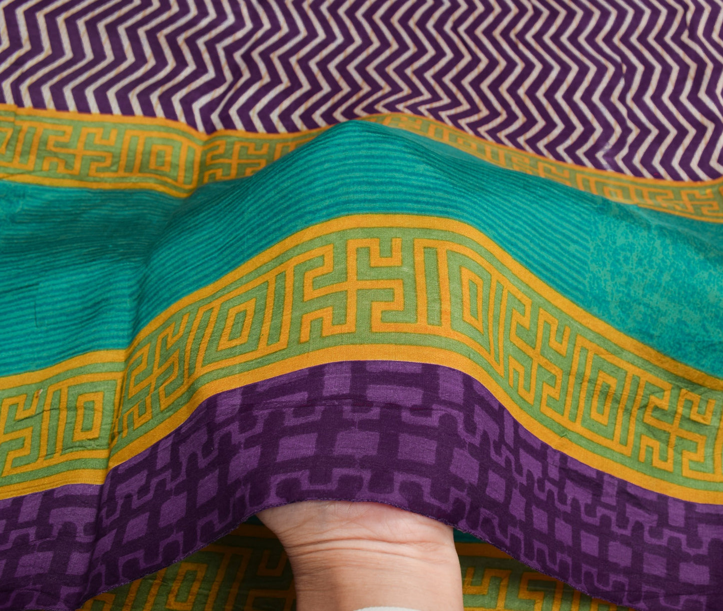 Sushila Vintage Dark Purple Saree Pure Silk Printed Zig-Zag Soft Craft Fabric